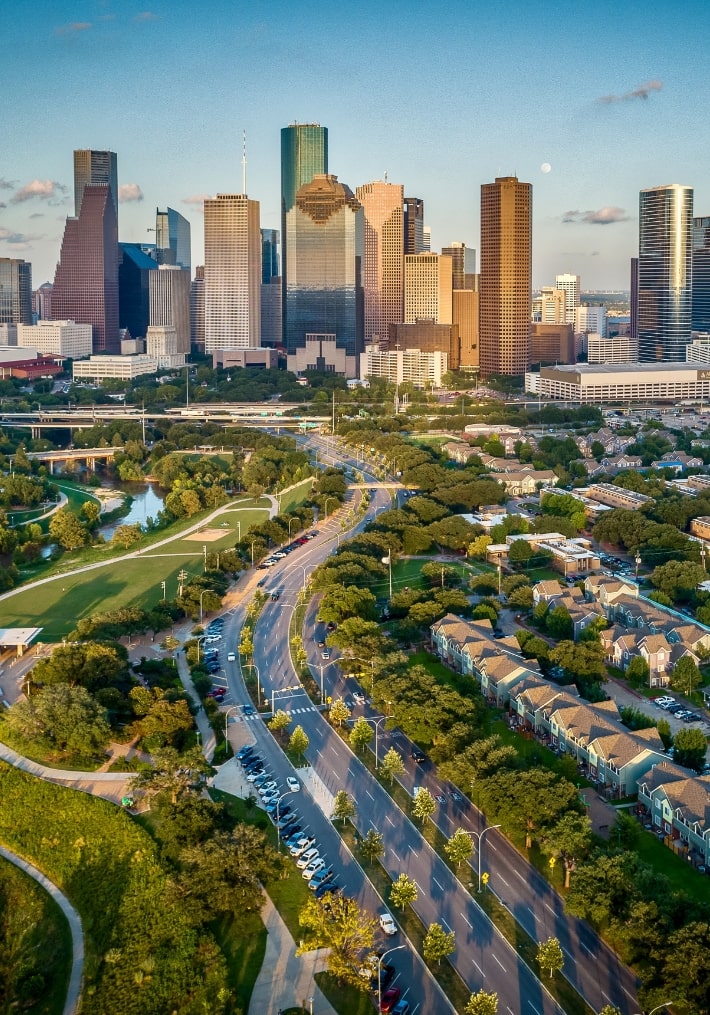 Houston shown from above on the main avenues by a drone.